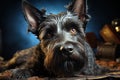 Zwergschnauzer dog on a blue background. Close up portrait. Ai art Royalty Free Stock Photo