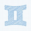 Gemini, 21 May - 20 June. HOROSCOPE SIGNS OF THE ZODIAC - Ballpen blue Scribble on a checkered paper background