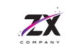 ZX Z X Black Letter Logo Design with Purple Magenta Swoosh