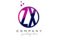 ZX Z X Circle Letter Logo Design with Purple Dots Bubbles