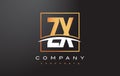 ZX Z X Golden Letter Logo Design with Gold Square and Swoosh.