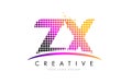 ZX Z X Letter Logo Design with Magenta Dots and Swoosh