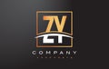 ZY Z Y Golden Letter Logo Design with Gold Square and Swoosh.