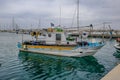 Zygi, Cyprus - June 16, 2018: Side view of a single authentic fishing boat which is moored in the habor at Zygi