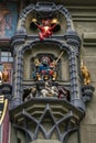 Zytglogge detail, old clock tower. Baroque decorated column closeup with Duke Berchtold. Clock face or clockface baroque ornate