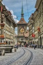 Zytglogge by the tram tracks is a city landmark, urban life epicentre in the old town. Memorial medieval clock tower Royalty Free Stock Photo
