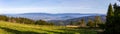 Zywiec Basin Valley panorama in Beskid Mountains, Poland, with green forests, meadows and Zywiec Lake, seen from the hill Royalty Free Stock Photo