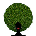 African Wedding Head Wraps. Afro beauty. Portrait of the young black woman in turban peacock texture. African-American girl headti