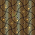 Gold intersecting repeating circles pattern. Japanese style circles seamless background. Modern golden spiral abstract geometric