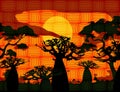 Sunset with landscape of baobab trees. Forest of Boab or Baobab Tree background. African Wax Print fabric, weaved fiber pattern