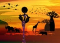 Sunset landscape of forest baobab trees, elephants in the savannah and African curly woman carrying water in the pots