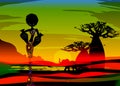 Sunset landscape of forest baobab trees, elephants in the savannah and African curly woman carrying water in the pots Royalty Free Stock Photo