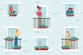 The neighbors in their own houses. Life in big cities. Cute vector illustration in flat style. Royalty Free Stock Photo