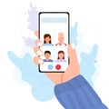 Collective mobile team group call with friends, video conference communication. Flat vector illustration