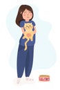 Adorable pet owner and cute domestic animal. Colorful cartoon vector stock illustration of cat lover in flat style. Royalty Free Stock Photo