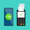 NFC connection, contactless payment method concept.Vector stock illustration in flat design on blue background. Pay bills via term