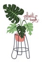 Plant in pot vector stock illustration with stylish lettering - Plants are our friends