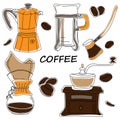 Set of Coffee icon free hand vector design with sketch of different coffee elements