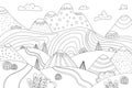 Doodle cute cartoon meadowland, hills, mountains, clouds and road. Royalty Free Stock Photo