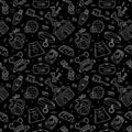 Seamless pattern of hand drawn doodle pet shop. Dog accessories elements: doghouse, food, leash, bone, care elements ets