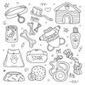 Set of hand drawn doodle pet shop. Dog accessories elements: doghouse, food, leash, bone, care elements ets.