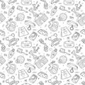 Seamless pattern of hand drawn doodle pet shop. Dog accessories elements: doghouse, food, leash, bone, care elements ets. Royalty Free Stock Photo