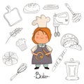 Child chef baker and baking elements, kitchen utensils hand drawn set, bread, pastry etc.