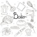 Bakery and baking elements, kitchen utensils hand drawn set, bread, pastry etc.