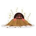 Funny mole digging out of a clay. Cute animal cartoon character.