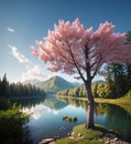 Image of a romantic landscape, with a lake and a tree with pink flowers Royalty Free Stock Photo