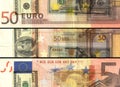 Mixed currency $ Ã¢âÂ¬ 50 euros banknote bill in colored collage Royalty Free Stock Photo