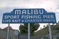 The Ã¯Â¿Â½Malibu Sport Fishing PierÃ¯Â¿Â½ sign at the newly remodeled Malibu Pier, Malibu, California