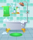 Cartoon bathroom interior in blue and green color