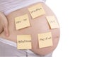 ÃÂ regnant belly and sticker notes (Clipping path) Royalty Free Stock Photo