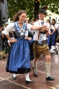 Public performance of a traditional Austrian folk dance at the farmers` market in Mondsee Royalty Free Stock Photo