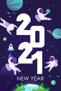 2021 new year. Astronauts in space, planets, sky, rocket. Vertical space template with numbers for greeting cards, clendars