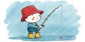 A child wearing a red hat, jacket, yellow boots. The child holding a fishing rod with a line cast Royalty Free Stock Photo