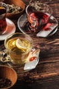 ÃÂot tea with honey and spices on wooden table, concept of autumn or winter postcard