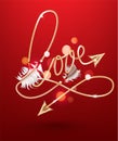 Valentine`s Day. Word love shaped gold arrow. Royalty Free Stock Photo
