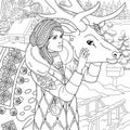 Winter girl with reindeer adult coloring book page Royalty Free Stock Photo