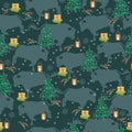 Christmas pattern with fir trees, gifts and lantern. Green background with silhouettes of bulls.