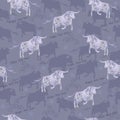 New Year`s symbol White bull with elements of painting on a lilac background with silhouettes of bulls. Happy New Year text