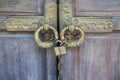 ÃÅ¾ld wooden gate closed on a large barn castle. The old and mysterious wooden gate is closed to a large wooden castle