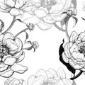 Vector drawing. Peony - flowers, buds and leaves on a light dark background. Seamless pattern. Graphics.