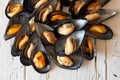 Ã¯Â¿Â½ooked mussels on the wooden background close up. Top view Royalty Free Stock Photo