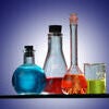 Chemistry. Equipment filled with different color chemicals Stock Photo