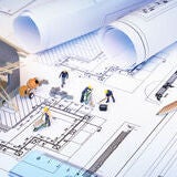 House under construction on blueprints