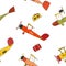 0053Seamless pattern with retro planes and suitcases in cartoon style on white background