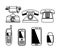 016_Phone evolution vector icons. Phone, smartphone, fax, telephone, cellphone, telecommunications icons set in thin style
