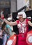 018: A drag queen dressed up like a female red Volkswagen car attending the Gay Pride parade also known as Christopher Street Day
